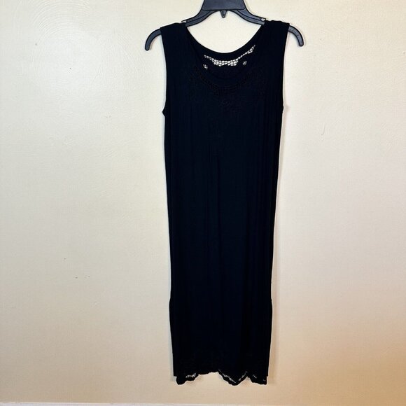 Vintage Womens Black Maxi Sheath Dress Rayon Small Floral Embroidery Accents 90s - Picture 2 of 6